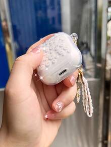 Transparent Bluetooth Earphone Cover With Chrysanthemum Flower Print - Green - View 2