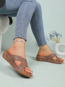 Women's Platform Wedge Sandals, Summer New Brown Ladies Fashion Slippers/Sandals, Crossover Strap Casual Open Toe Slides/Roman Shoes Beach Shoes, Suitable For Holiday, Travel, Shopping, Party, School
