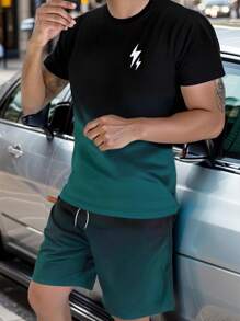 Men's Summer Ombre Round Neck Short Sleeve T-Shirt And Drawstring Shorts Set