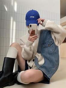 Denim Patchwork Sweater Cardigan For Women, New Spring Loose Knit Coat Top - White - View 2