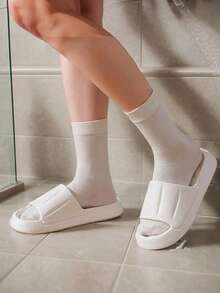 New Fashionable & Versatile Thick Sole Pink Rib-Textured Strap Soft & Comfortable Men's Indoor Outdoor Plastic Slide Sandals - White - View 2