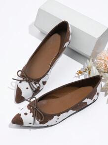 Women's Brown Pointed Toe Ballet Flats With Bow Decor, Elegant Slip-On Soft Bottom Loafers With Animal Print Fabric