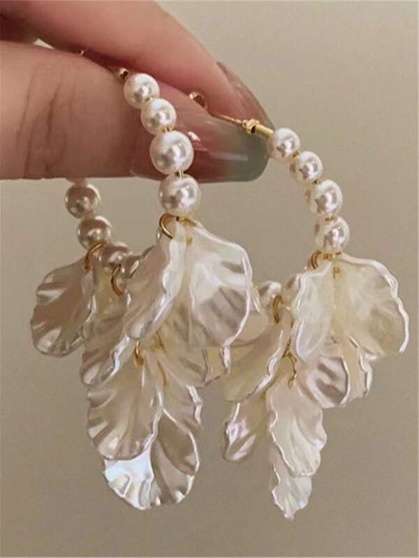 1 par de pendientes con borlas con pétalos de flor blanca con cuentas de geometría retro circular, para mujeres, fiesta, boda, viaje, joyería