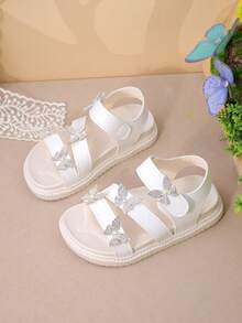 1 Pair Girls Rhinestone Butterfly Decor Leather Soft Anti-Slip Open-Toe Hook And Loop Flat Sandals, Sweet Princess Style, For Party/Daily Outfits - White - View 5