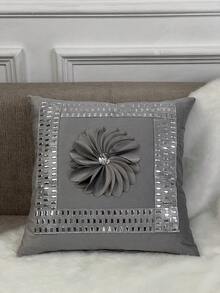 1 件天鹅绒拼布花朵和水钻装饰抱枕套，卧室和客厅靠垫套枕头床上用品房间装饰家居装饰卧室装饰靠垫套靠垫枕套 - 灰色 - 查看 2