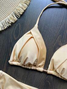 Bộ bikini buộc dây cổ màu trơn, thích hợp cho kỳ nghỉ hè trên bãi biển. - Màu Khaki - Xem 4