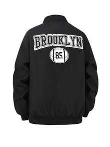 Men's Letter Print Zip-Up Outdoor Jacket, Flight Bomber - Black - View 5