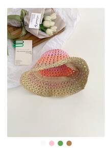 1pc Women Dopamine Gradient Weaven Round Top Straw Hat, Summer Beach Sun Protection Hat, Face-Slimming Bucket Hat, Breathable Bohemian Hollow Straw Hat - Straw Bucket Hat - View 5