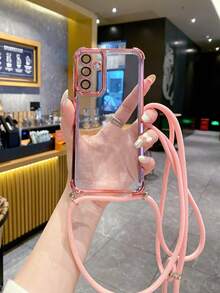 1pc Four-Corner Anti-Drop Electroplated Crossbody Strap Camera Protective Phone Case, Compatible With Apple, /Galaxy, Infinix, Redmi, OPPO, VIVO, Realme - Pink - View 1