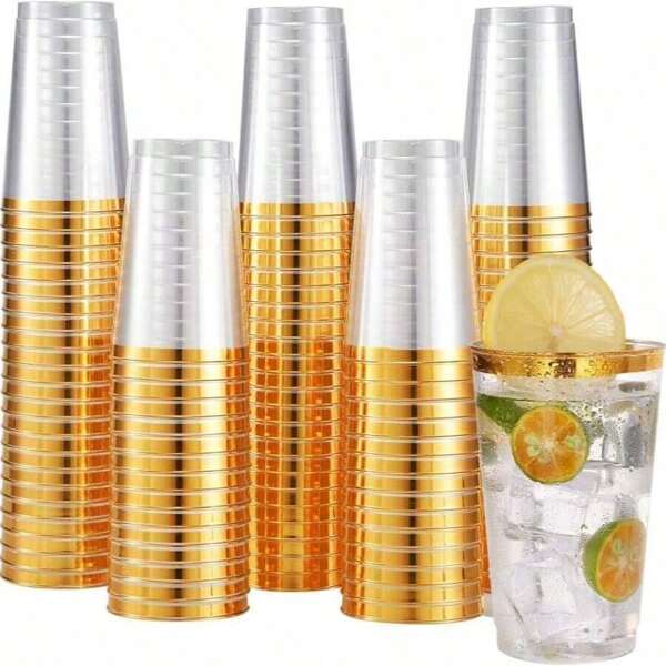 25 piezas Copas de plástico doradas de 7oz/210ml, Copas de vino de plástico transparente con borde dorado elegante de 7oz, Vasos para fiestas, Vasos para bebidas, Vasos de cóctel de plástico, Vasos dorados, Lavar a mano [Vasos reutilizables]