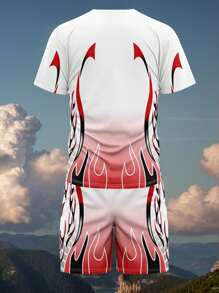 Men 2pcs/Set Ombre Flame Printed Short Sleeve T-Shirt And Shorts Set