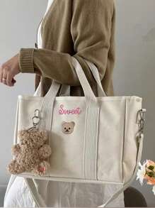 1 buc. Geantă de mămici personalizată cu șnur INS, geantă tote cu ursuleț brodat personalizată cu litere de capacitate mare, geantă de umăr ușoară și versatilă pentru mămici, geantă de mână multifuncțională de capacitate mare cu cârlig pentru cărucior, potrivită pentru uz zilnic, cadou pentru familie și prieteni, potrivită pentru Ziua Mamei, Crăciun, Festivalul Primăverii, ziua de naștere