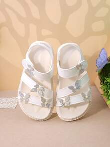 1 Pair Girls Rhinestone Butterfly Decor Leather Soft Anti-Slip Open-Toe Hook And Loop Flat Sandals, Sweet Princess Style, For Party/Daily Outfits - White - View 1