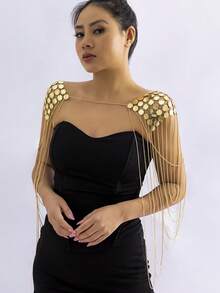 1pc Double-Sided Round Disc Tassel Shoulder Chain, Fashionable And Versatile For Women, Suitable For Beach, Party, Daily Wear, Holiday Gifts (Handmade With 1-3cm Tolerance) - Yellow Gold - View 2