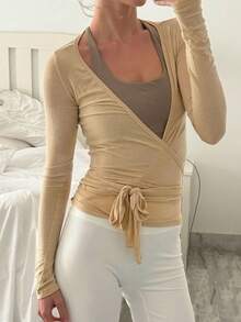 Pilates Wrap Tie Shirt Tops For Women Long Sleeve Ballet Tie Top Dance Ballerina Cover Up Top Yoga Workout Blouse - 卡其色 - 查看 3
