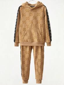 Conjunto Belour Pans Ropa para Niño Juvenil Adolescentes Set 2 Piezas, Pants Algodón con Relieves en Velour y Detalles de Cinta con Pedreria, Sudadera con Gorro y Jogger Pantalon Deportivo Ropa de Niños 6 a 16 Años - Beis - Ver 2