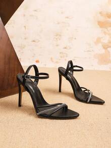 Sandalias de tacón alto elegantes y sexy con punta puntiaguda y decoración de rhinestones para mujeres - Negro - Ver 9