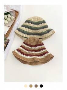 1pc Women Dopamine Gradient Weaven Round Top Straw Hat, Summer Beach Sun Protection Hat, Face-Slimming Bucket Hat, Breathable Bohemian Hollow Straw Hat - Straw Bucket Hat - View 3