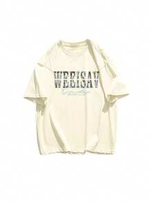 重磅 100% 纯棉时尚品牌印花宽松休闲短袖 T 恤，夏季甜美风格，百搭上衣 - 杏色 - 查看 8