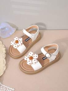 女童休闲凉鞋，适合幼儿、小童和大童的新款夏季时尚平底鞋，钩环沙滩鞋 - 米色 - 查看 1