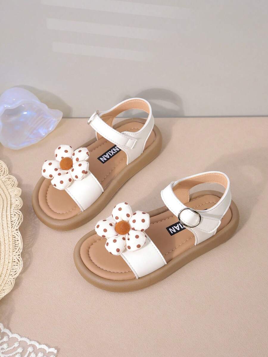 女童休闲凉鞋，适合幼儿、小童和大童的新款夏季时尚平底鞋，钩环沙滩鞋 - 米色 - 查看 1