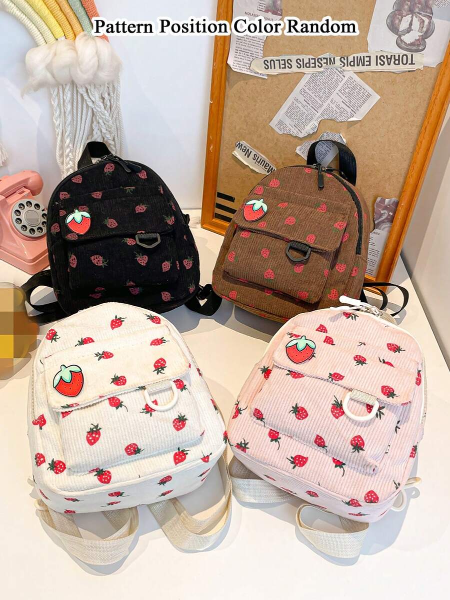 1 Pc Mini Cute Strawberry Print Maiden Backpack Children Small Backpack Snack Pack Versatile Lightweight Portable Zip Closure For Daily Storage Bag For Travel Vacation Shopping Kids Outdoor Supermarket Festival Children's Gifts Give A Gift To Your Daughter Fashion Corduroy Sweet Strawberry Pattern Adornment Casual Backpack Perfect Key Storage Bag For Young Children Pupils Girl BestfriendTravel Accessories - Multicolor - View 1