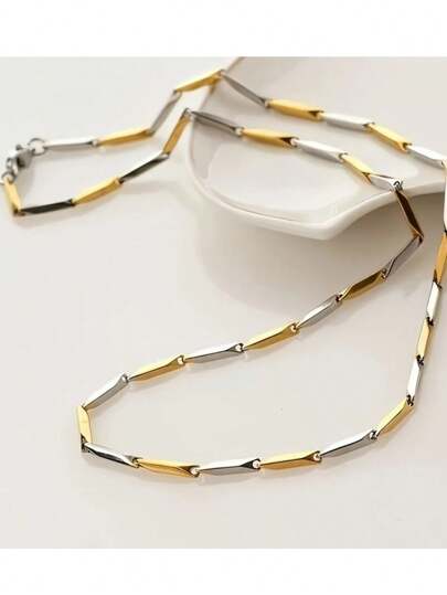 1pc Fashion Hiphop Stainless Steel Necklace, Square Bamboo Link Chain, Men'S Rock Style Jewelry Accessory Gift