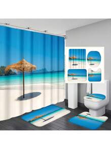 1pc/4pcs Ocean & Beach Floral Print Bathroom Curtain Set 12 Hooks, Anti-Slip Bath Mat, U-Shaped Toilet Mat & Round Toilet Cover, Multifunctional Bathroom Set For All Occasions Back To School