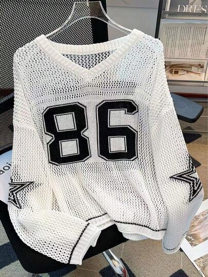 Women's Summer Loose Couple Style Oversized Sweatshirts, Casual Loose-Fit Elegant Style Digital Print Hollow Out Knit Tops, Ice Silk Material