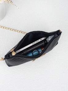 Women's New Fashionable Wave Embossed Chain Crossbody Bag, S Branded Hardware Shoulder Bag, Clutch Envelope Bag, With Detachable Strap And Security Zipper - Black - View 6