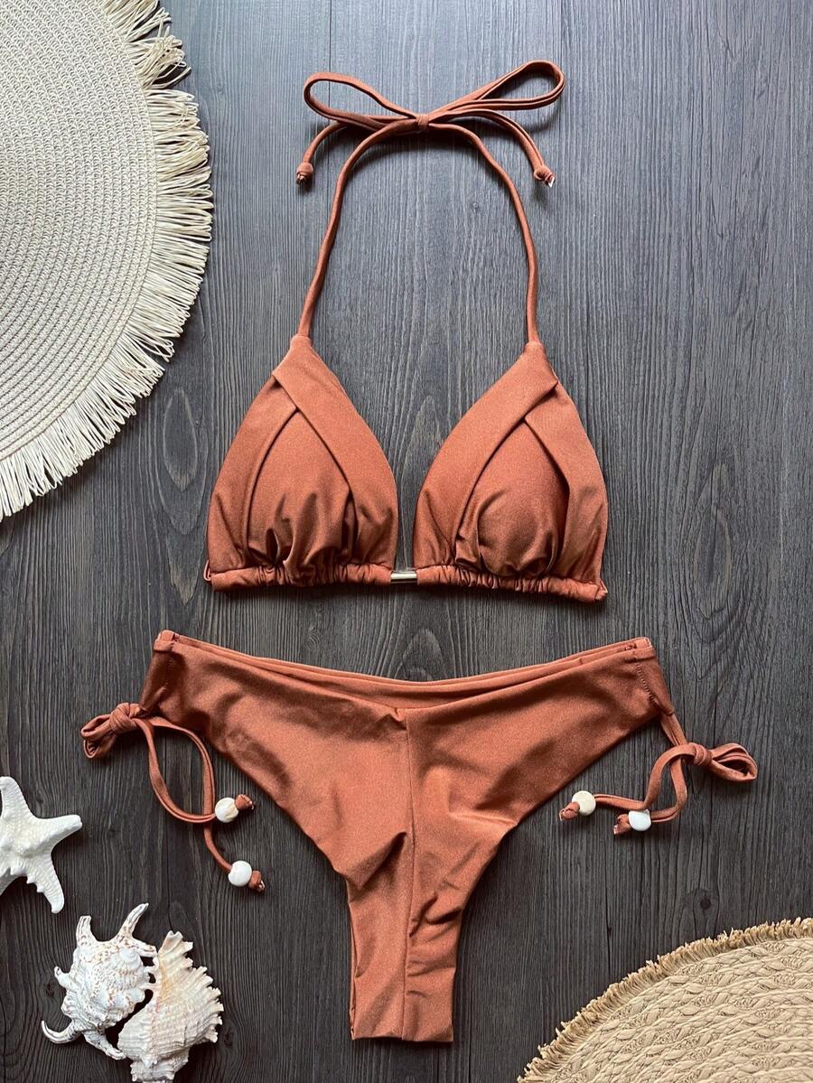 Vacation Beach Plain Color Tie-Up Bikini Set