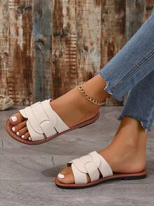 Sandales plates tressées décontractées pour femmes, mules à bout ouvert à enfiler pour l'été, le printemps, la plage, les vacances - Beige - Voir 4