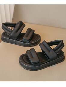 Kinderen effen kleur gesloten teen casual sandalen, eenvoudig ontwerp platte schoenen geschikt voor de zomer, jongens en meisjes - Zwart - Bekijken 3