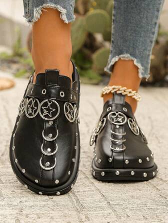 Mocasines negros con plataforma y suela gruesa, cómodos y personalizados con remaches, para mujer