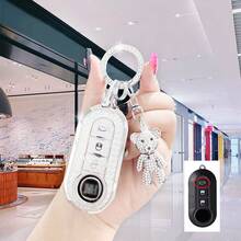 Porte-clés de voiture Fiat 500, pendentif charmant en forme d'ours rose dégradé pailleté pour femme/homme, porte-clés cristal perlé exquis, pendentif pour sac à dos, accessoires mignons, étui de protection en TPU. Convient aux véhicules Fiat 500/Panda/Stilo/Brava/Bravo/Doblo/Iveco. Cadeau idéal pour les amoureux