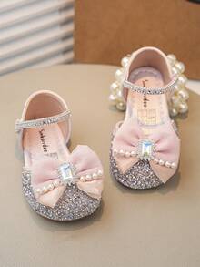 1 Pair New Fashion Elegant Girls Simple Laser PU Handmade Pearl Lace Bow Crystal Decor Magic Stick Soft Non-Slip Flat Close Toe Princess Shoes Suitable For Piano Performance, Suitable For All Seasons