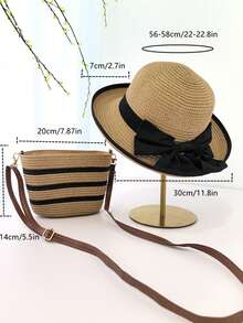 1 Set Cappello di paglia e borsa a tracolla in paglia da donna, cappello a falde larghe con fiocco stile boho e borsa a tracolla, cappello da spiaggia e borsetta adatti per l'uso casual all'aperto, viaggi, vacanze al mare e uso quotidiano - Multicolore - Visualizzare 6