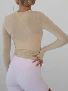 Pilates Wrap Tie Shirt Tops For Women Long Sleeve Ballet Tie Top Dance Ballerina Cover Up Top Yoga Workout Blouse - 卡其色 - 查看 4
