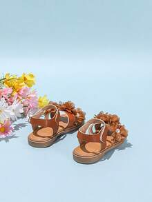 1 Pair Girl Decorative Pearl Flower Hook And Loop Flat Sandals - Brown - View 6