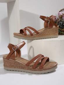 Damen Sandalen in Große Größen mit dicker Sohle, bequemer Keilabsatz, rutschfest, geeignet für Innen- und Außenbereich, Sommer - Braun - Übersicht 6