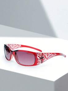 1pc Women's Y2K Floral Embossed Small Square Frame Fashion Eyewear, Suitable For Daily And Party Use For Summer Beach Vacation,Outdoor,Travel - Red - View 1