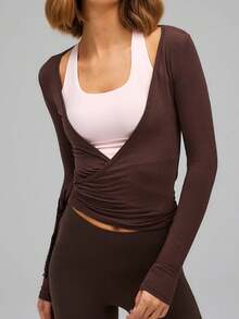 Pilates Wrap Tie Shirt Tops For Women Long Sleeve Ballet Tie Top Dance Ballerina Cover Up Top Yoga Workout Blouse - 咖啡棕 - 查看 1