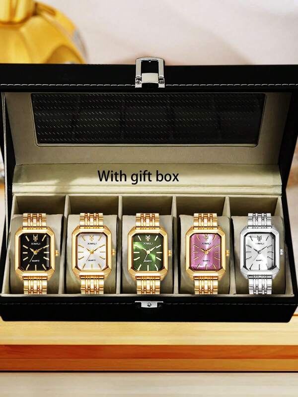 Conjunto de 5 piezas de reloj pulsera clásico de 5 cuentas de moda, reloj formal cuadrado para damas, un imprescindible para diosas, combina como quieras, con caja de regalo, regalo de cumpleaños