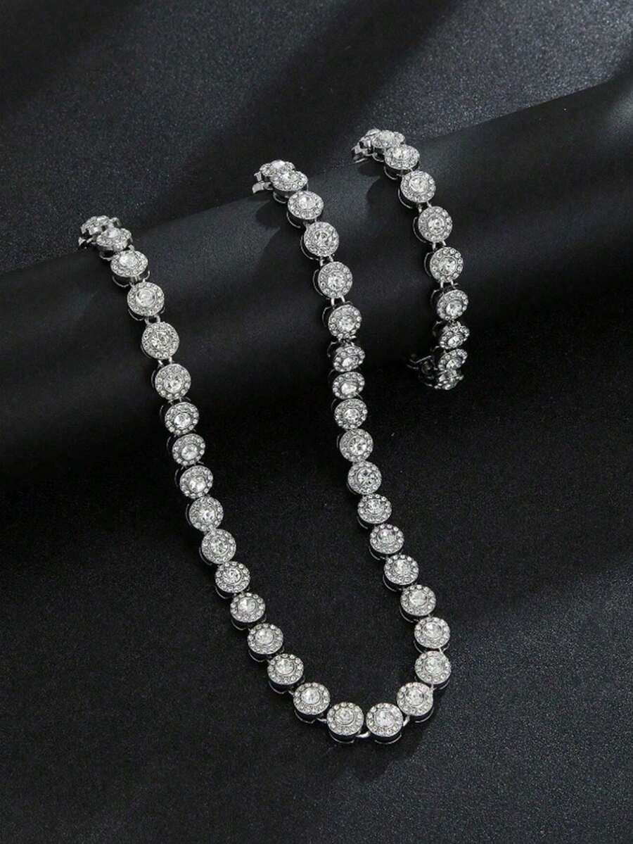 Set de 2 piezas: Collar de eslabón cubano con diamante redondo estilo streetwear clásico + Pulsera, excelente para el Día de la Madre, San Valentín, regalo de Año Nuevo