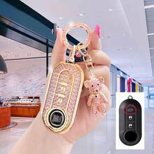 Porte-clés de voiture Fiat 500, pendentif charmant en forme d'ours rose dégradé pailleté pour femme/homme, porte-clés cristal perlé exquis, pendentif pour sac à dos, accessoires mignons, étui de protection en TPU. Convient aux véhicules Fiat 500/Panda/Stilo/Brava/Bravo/Doblo/Iveco. Cadeau idéal pour les amoureux