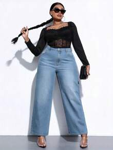 Damen Große Größen Lässige Ausgehmode Hoher Bund Elastische Gerade Jeans, einfarbig, schlicht, geeignet für tägliche Reisen