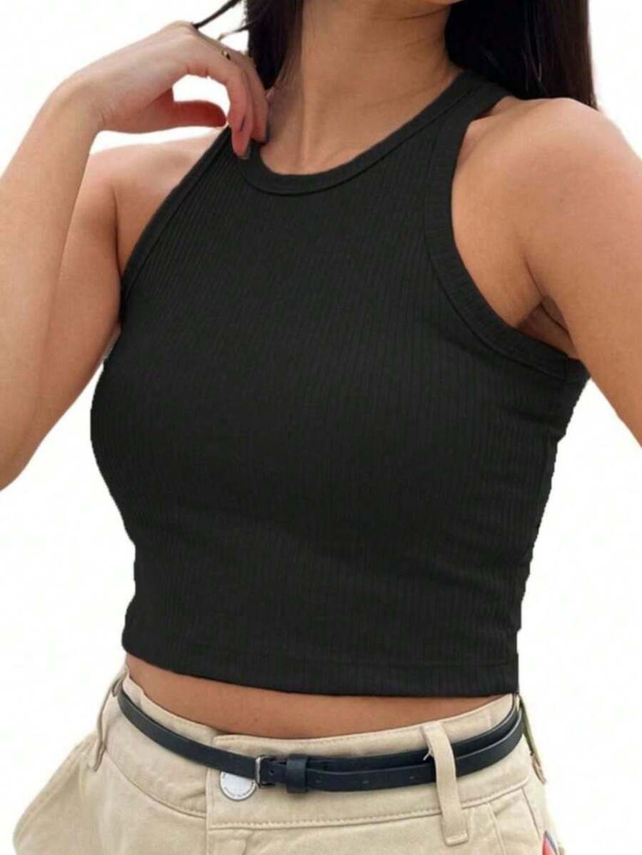 Women's Basic Ribbed Comfortable Cropped Tank Top - màu đen - Xem 1