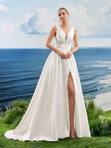 Women Solid Color Summer Deep V-Neck Split Thigh White Formal Evening Gown,Wedding Dress For Bridal, Bride - White - View 5
