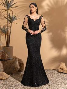 Vestido con escote en V, adornado con aplicaciones, con falda acampanada, para boda, vacaciones y fiestas de primavera - Negro - Ver 1