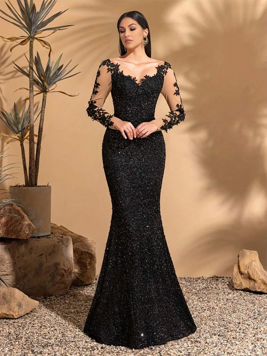 Vestido con escote en V, adornado con aplicaciones, con falda acampanada, para boda, vacaciones y fiestas de primavera - Negro - Ver 1